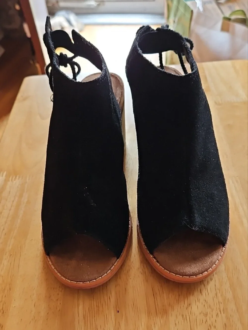 Toms Elba Black Suede Peep-Toe Block Heel Sandals